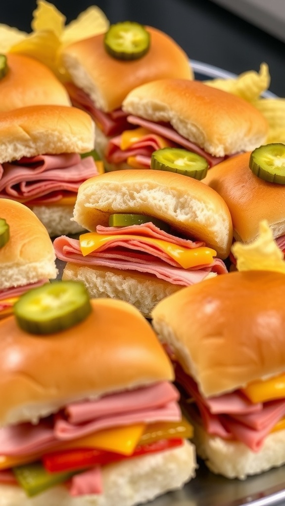 A close-up of lunch meat sliders with cheese and lettuce on a wooden platter.